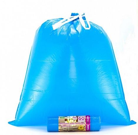Мешки для мусора с завязками 60 литров, 35 мкм, 10 штук, ПCД, синие, для тяжелого и острого мусора, прямое дно + ленты для затягивания. - Вид 2