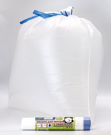 Пакеты для мусора с завязками 60 л, 15 мкм, ПНД, белые, 10 шт - Вид 2