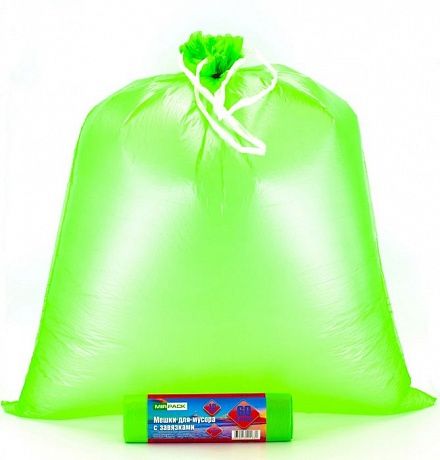 Пакеты мусорные с завязками 60 л, 15 мкм, 10 штук, ПНД, зеленые серия VIP - Вид 2