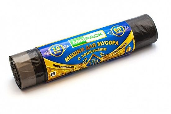 Пакеты для мусора с завязками 60 л, 15 мкм, 10 штук, ПНД, для среднетяжелого мусора прямое дно + ленты для затягивания, черные - Вид 2